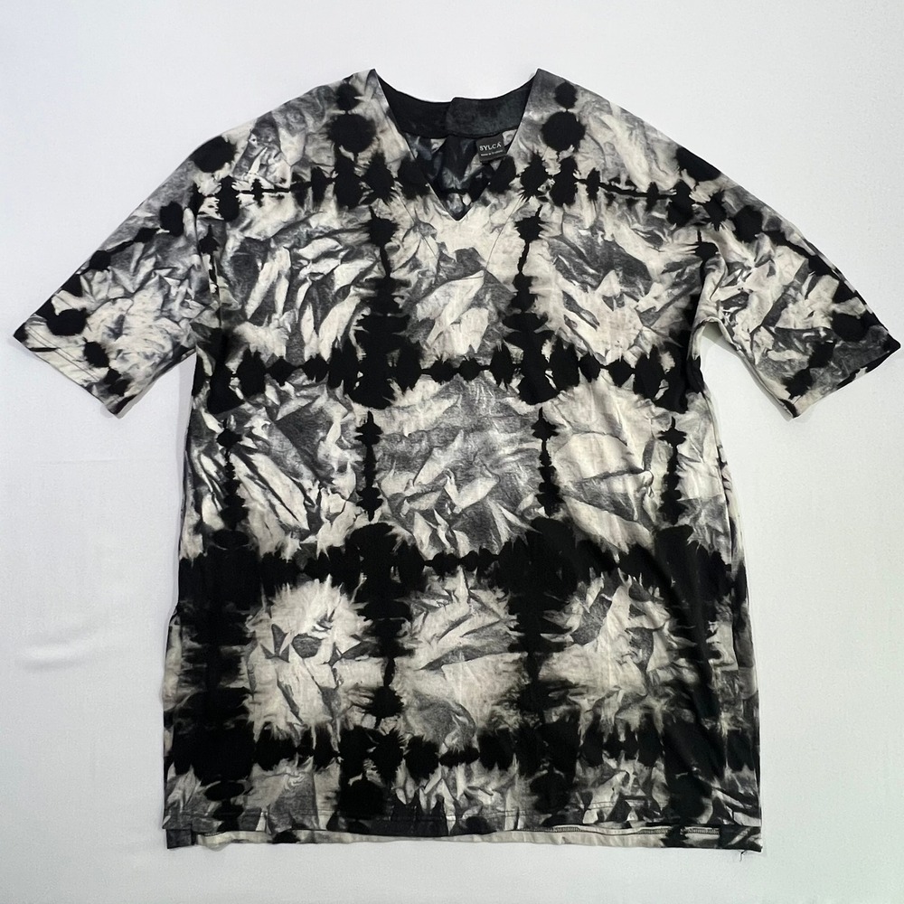 Sylca Womens Top Short Sleeve Black White Tie Dye Abstract Blouse Tunic One Size